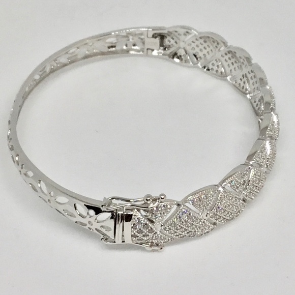 Sterling Silver CZ Crystal Hinged Bangle Bracelet - Picture 3 of 6